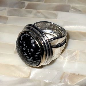 Ring Sterling Silver Black Snowflake Obsidian Large Round Stone Size 8